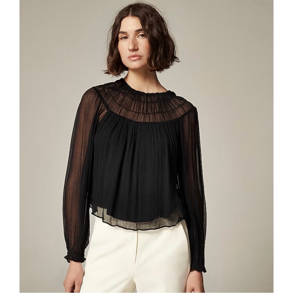 J. Crew Drapey Shirred Top Crinkle Cupro Blouse Long Sleeve Black